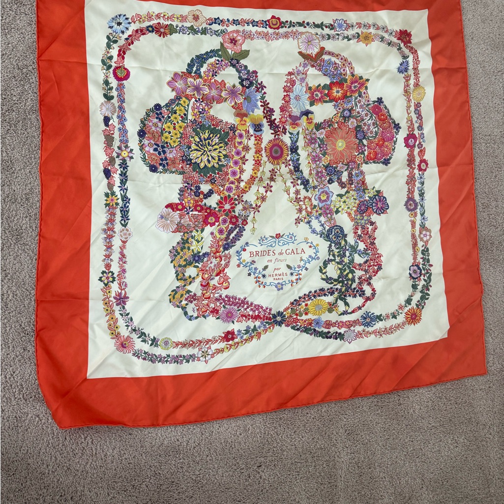 Hermes La Maison Floral Scarf In Orange And Cream